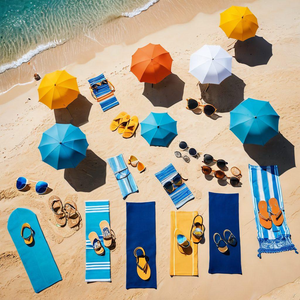 A vibrant beach scene showcasing diverse individuals of various body types wearing stylish sustainable swimwear, surrounded by soft sand, crystal-clear blue water, and colorful beach umbrellas. The sun is shining brightly, creating a cheerful and inviting atmosphere. Include eco-friendly accessories like recyclable beach mats and bamboo sunglasses scattered around. Bright, playful colors enhance the vibe of summer fun and sustainability. super-realistic. vibrant colors. modern beach aesthetic.